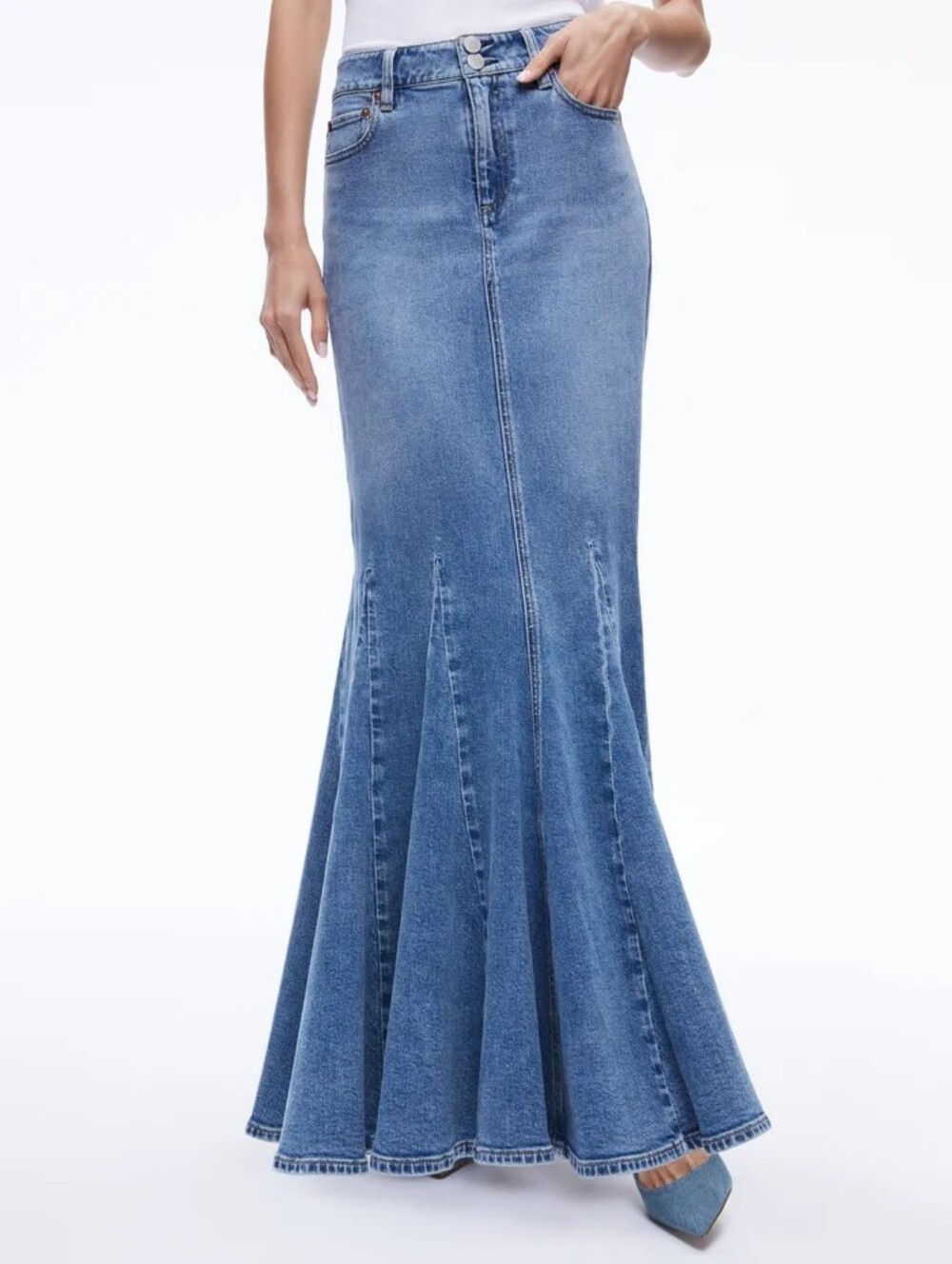 Alice + Olivia NALA DENIM GODET MAXI SKIRT